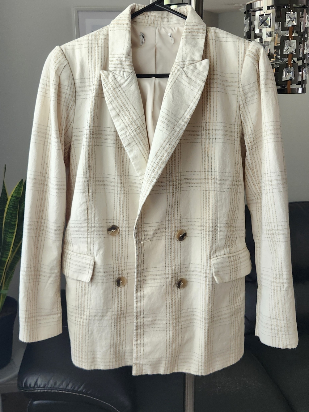 Rachel Zoe Cream Plaid Double-Breasted Blazer